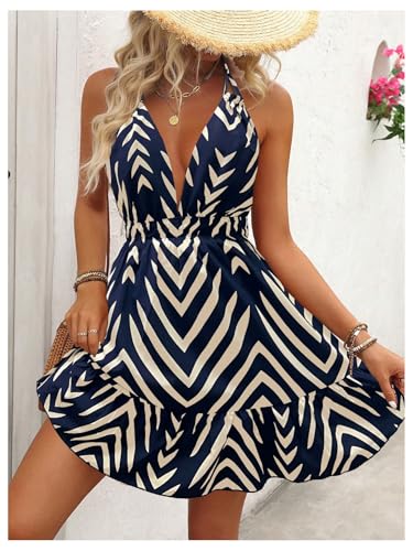 Image of SweatyRocks Women's Printed Tie Backless Mini Dresses Ruffle A Line Sleeveless Low Cut Halter Dress