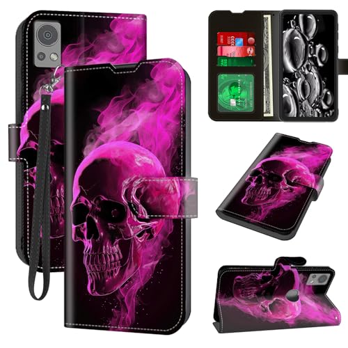 ACWDMKH for Cricket Icon 5 Phone Case,AT&T Motivate 4 Phone Case with Card Holder Slots & Kickstand & Wrist Strap Wallet Flip Folio Leather Magnetic Protective Shockproof Cover,Pink Skull