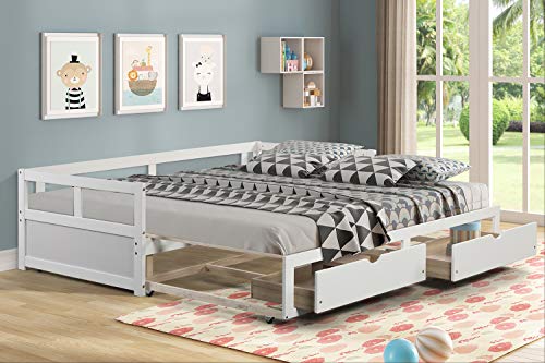 Windaze Extendable Daybed with Trundle and 2 Storage Drawers Full Twin to King Size, Solid Wood Multi-Function Bed with Slats Support, White