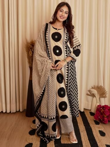 Image of krisjan|Women's Pure Cotton Printed with Handwork Kurta with Pants and Dupatta Set | Ethnic Set | Suit Set | Kurta Set | Wedding Suit Set