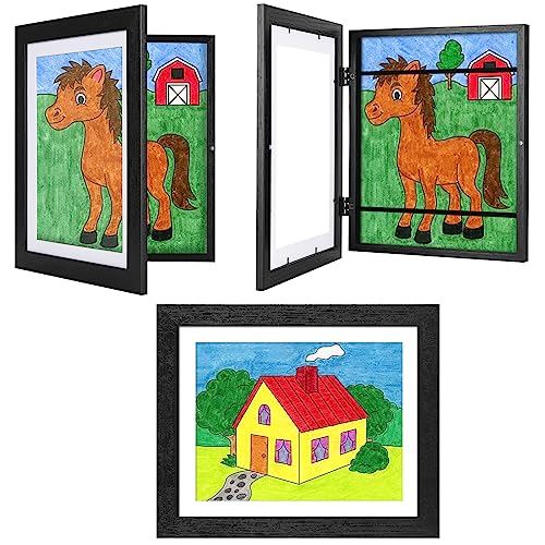 Image of JDZIVTOP 3-Pack Black Woodgrain Kids Art Frames - 10x12.5 with Mat, 8.5x11 Without Mat, Changeable Front Opening, Holds Drawings, Crafts, Artwork