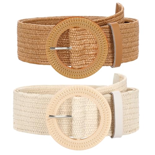 SUOSDEY 2 Pack Straw Woven Elastic Belt Braided Stretch Wide Boho Rattan Waist Belt for Women Dresses