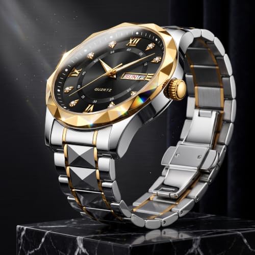 Image of GOLDENIZE FASHION Luxury Analog Roman Numeral Date Display Diamond Pattern Classics Stainless Steel Wrist Watch for Men