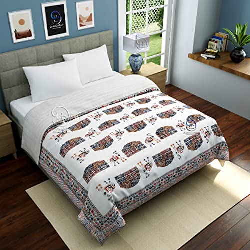 Image of 380 GSM Jaipuri Hand Block Design Big Camal and Heritage Hawamahal Printed Winter Cotton Double Bed Quilt Razai - King Size Multicolor, Rajai, Skinfriendly