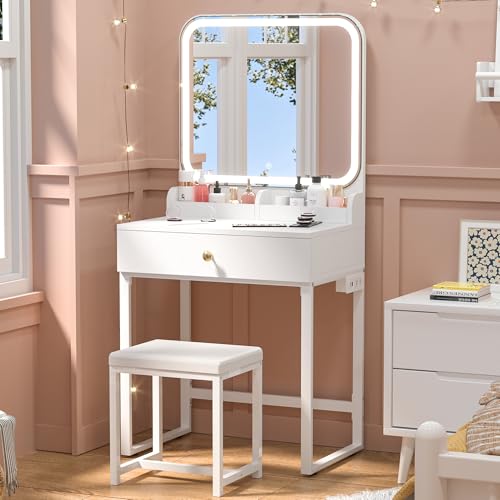 Keonjinn White Vanity Mirror with Lights, LED Makeup Vanity Desk with Large Drawer & 2 Makeup Trays & Chair, 7000 Lux Vanity Table with Lighted Mirror & Power Outlet, CRI?90 Vanity Set for Bathroom