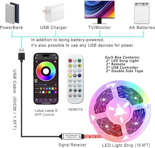 Image of L8star 20ft Battery Powered Led Strip,6m Battery Operated Color Changing Lights Music Sync App Remote Control RGB USB Led Lights for TV, Party, Room Decoration