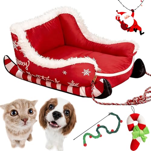 Christmas Sleigh Dog Bed Christmas Dog Bed with Non Slip Base Calming Dogs Beds Dogs Sleigh Beds for Pets to Sleep Peacefully in Winter (Candy Sleigh)