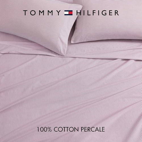 Image of Tommy Hilfiger - Full Size Sheets Set, Crisp & Tailored Cooling Sheets w /a Naturally Smooth Cotton Percale Lightweight Feel - Bed Sheets w /Matching Pillowcases & Fitted Sheet (Ithaca Stripe Red)