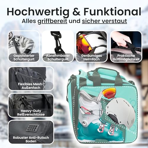 Otaro Skischuhtasche Kinder mit Helmfach (Kinder | 27 L | Mintgrün) Premium Skitasche für Skischuhe | Auch als Schlittschuhtasche oder Inlinertasche | Ski Tasche, Skisack Set, Skischuhtaschen