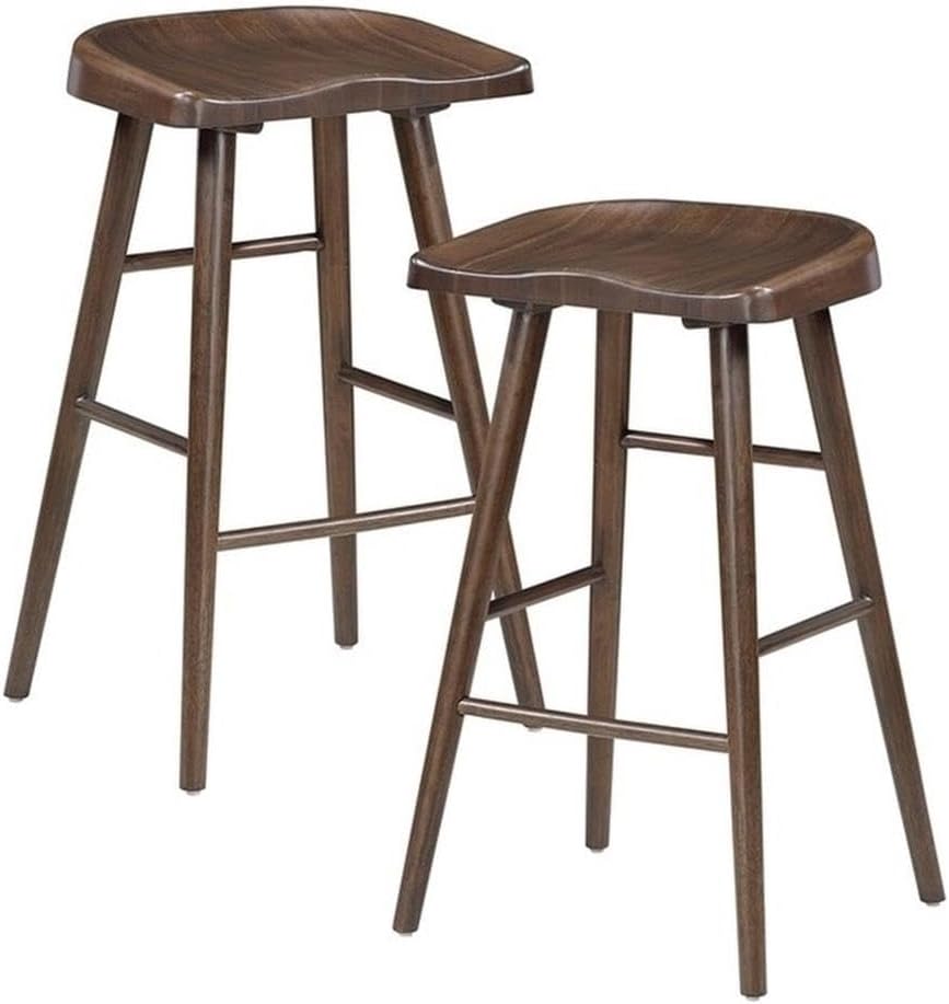 Pemberly Row Traditional Solid Wood Pub Height Stool, Brown Finish, Saddle Seat Design, Ergonomic Comfort, 17 in Wide, 15 in Deep, 29.5 in High, Ideal for Bar or Pub Tables
