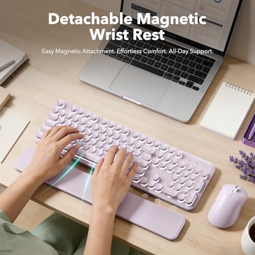 Image of Wireless Keyboard and Mouse Combo, Backlit Round Keycaps, Retro Typewriter Keyboard with Magnetic Wrist Rest, USB-C Rechargeable & Tilt Legs, 2.4GHz Cordless for Mac Windows PC (Glowing Pastel Purple)