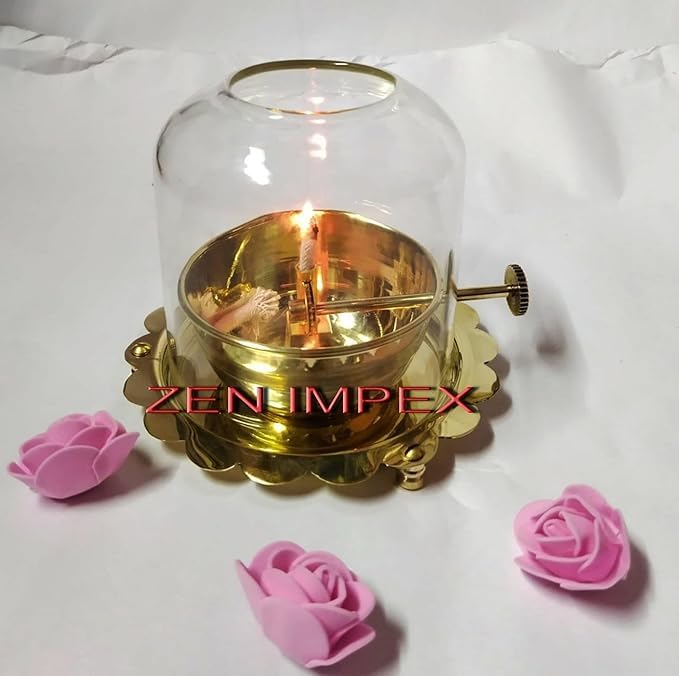Handicrafts - Premium Brass Akhand Jyoth with Glass Chimney - Diya - Deep - Golden Brass Diya with Wick Lifting Screw Lever Pooja Item for Diwali, Navratri, Home Decoration.6 inch *5.5 inch 1