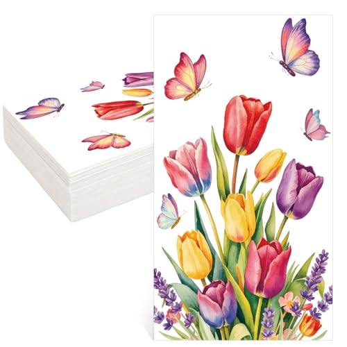 20 Piezas Servilletas de Tulipán Mariposa Colores Servilletas Decoupage Servilleta Papel de Verano Primavera Desechables Para Cumpleaños Bodas Suministros de Fiesta de Té Almuerzo Festivo