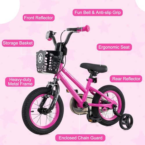 Image of BABY JOY Starry Kids Bike, 12 14 16 18 Inch Bicycle with Training Wheels, Storage Basket, Adjustable Handlebar & Seat, Handbrake & Coaster Brake, Girls Boys Bike