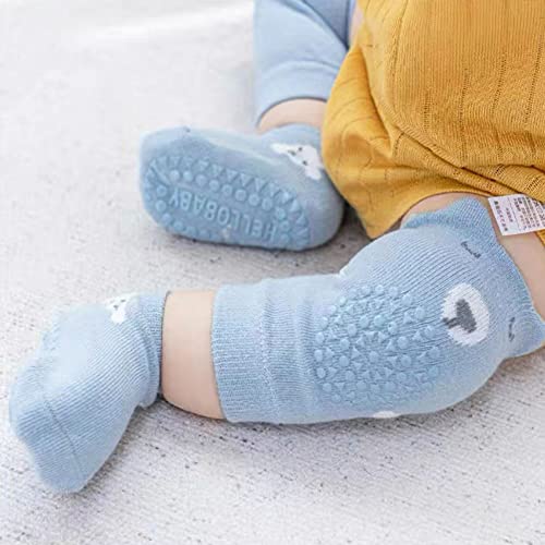 FedMois 3 Pairs Baby Knee Pads for Crawling + 3 Pairs Anti-slip Socks Cotton, grey, blue and beige, 9-18 Months