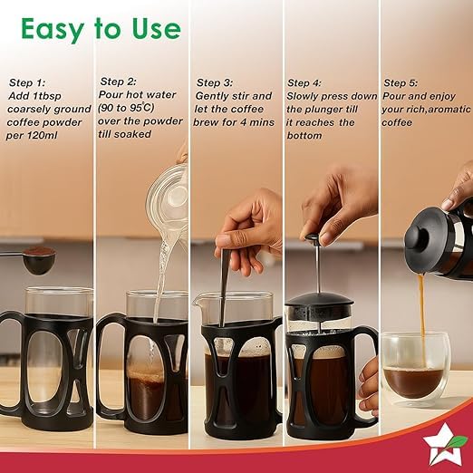 Image of French Press Coffee & Tea Maker Borosilicate Glass Carafe 4 Level Filtration System Stainless Steel Plunger with Mesh 1-2 Cups of Coffee Brews in Just 3 Minutes BPA Free Lid Strainer Black 300 ML