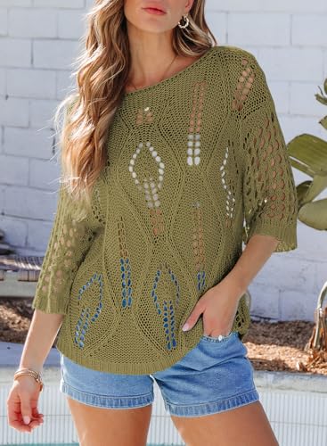 Image of EVALESS Womens Crochet Hollow Out Knit Tops Half Sleeve Spring Summer Sweaters Beach Cover Ups for Women Trendy 2026