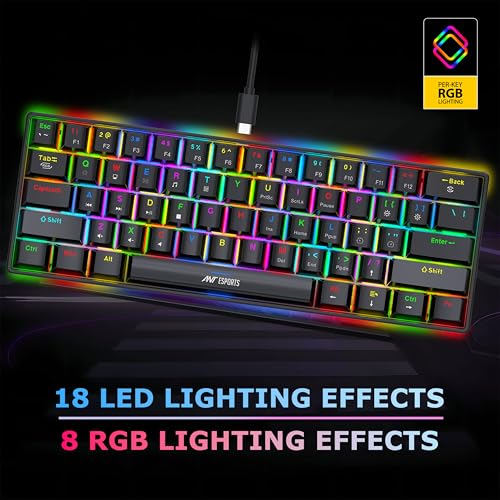 Image of Ant Esports MK1300 V2 60% Wired Mechanical Gaming Keyboard, 61-Keys Compact Mini Software Controlled, Brown Switch, RGB Backlit, Anti-Ghosting, USB-C Wired, Portable for PC /Mac Gaming & Typing - Black