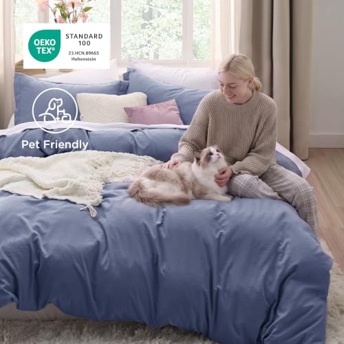 Image of Bedsure Slate Blue Duvet Cover Queen Size - 3 Pieces Prewashed Extra Soft Bedding Set, Includes 1 Duvet Cover 90x90 Inches with Zipper Closure & 2 Pillow Shams, Comforter Not Included | Ultra Soft, Relaxed Texture, 90 inchx90 inch Breathable Comfort, Hidden Zipper, 8 Corner Ties, Easy Care, OEKO-TEX, Year-Round Use