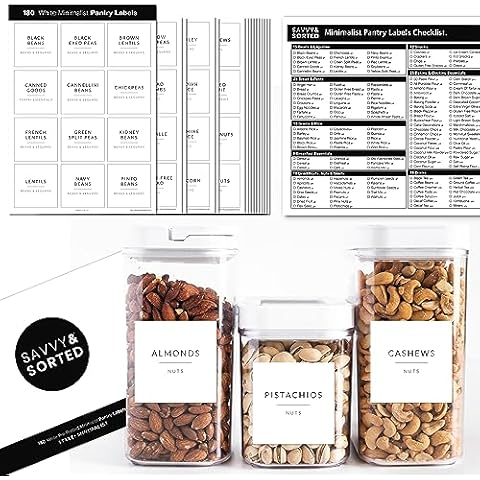SAVVY & SORTED Minimalist Pantry Labels, 180 Waterproof Vinyl Stickers for Food Containers - Kitchen Labels for Organizing Storage Bins, Jars, Kitchen Cover