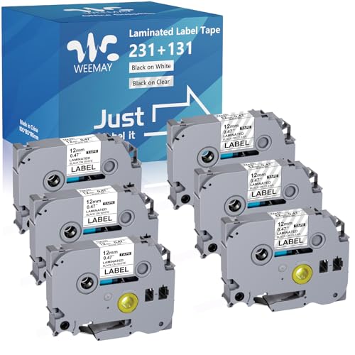 Ruban TZe 12mm compatible Brother P-Touch par Weemay, lot de 6 cassettes laminées pour PT-H110