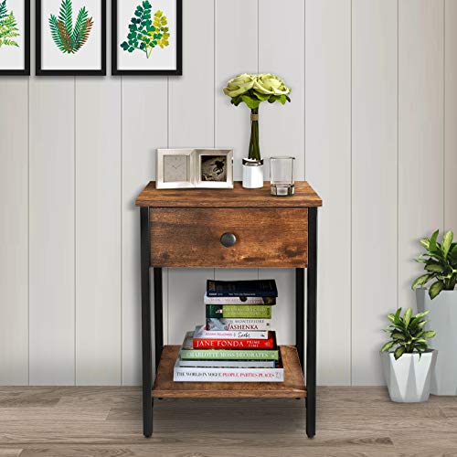 KINGSO Nightstands Industrial Side End Tables with Drawer and Storage Shelf 2 Tier Bedside Table Night Stand for Small Spaces Bedroom Wood Accent Furniture with Stable Metal Frame, Rustic Brown - Thumbnail 3