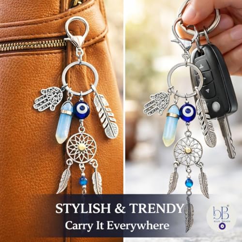Image of BLUE BEADS Dreamcatcher Keychain with Nazar Charm - Lucky Protection Accessory for Car, Bag & Keys