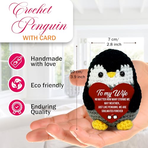 Image of Valentines Day Gift for Wife - to My Wife Penguin Gift - Handmade Crochet Penguin with Heart, Romantic Anniversary & Valentine's Day Gift for Wife, Cute Love Keepsake, Meaningful Marriage Present