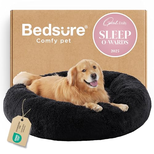 Image of Bedsure Calming Dog Bed for Extra Large Dogs - Donut Washable Large Pet Bed, 45 inches Anti-Slip Round Fluffy Plush Faux Fur Dog Bed, Fits up to 120 lbs Pets, Black
