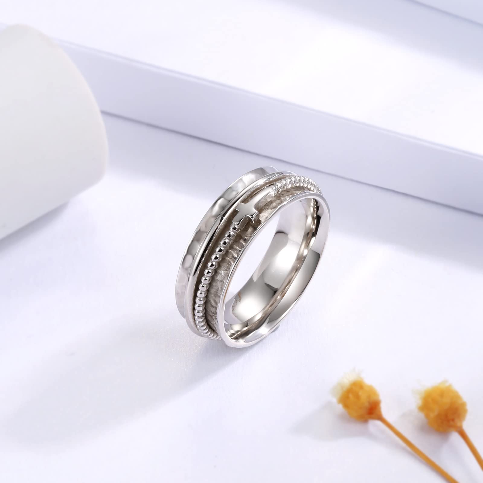 Anillo de cruz para mujer, de plata de ley 925, giratorio, ancho martillado