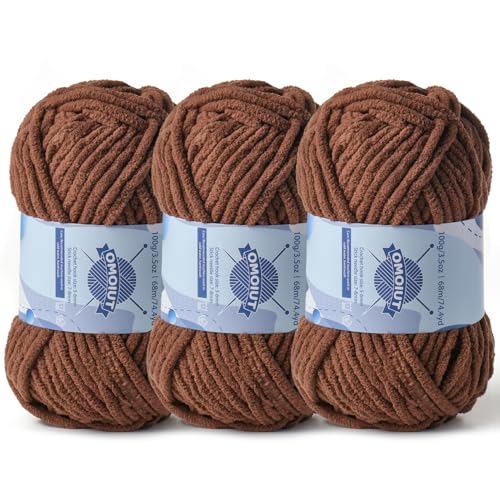 Image of 3 Pack Chunky Chenille Yarn for Crocheting, Baby Yarn for Crocheting Soft Blankets, Bulky Yarns for Crochet Amigurumi, 300g (223yds) Fluffy Velvet Yarns for Hand Knitting (3 Coffee)
