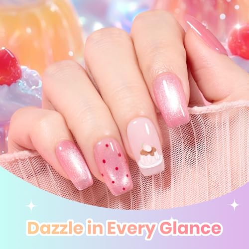 Image of Beetles Jelly Gel Nail Polish Set, 6 Colors Pastel Pink Cat Eye Blue Purple Yellow Green Glitter Gel Polish Kit with Magnet Sticker Soak Off UV Gel Nail Art Salon DIY at Home Summer Gift for Women