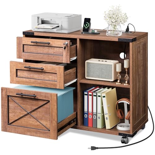 DEVAISE Wood File Cabinet with Charging Station, Mobile Lateral Filing Cabinet with Lock for Home...