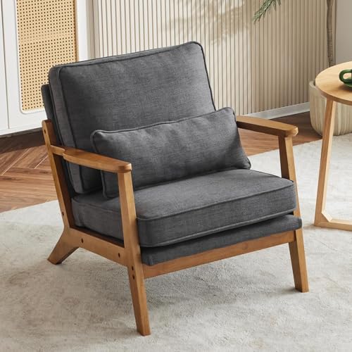 Image of Mid-Century Accent Relax Chair - Wide Armrest Lounge Chair with Linen Fabric with Lumbar Pillow (Gray, 28.3 x 31.5 x 29.5 INCH)