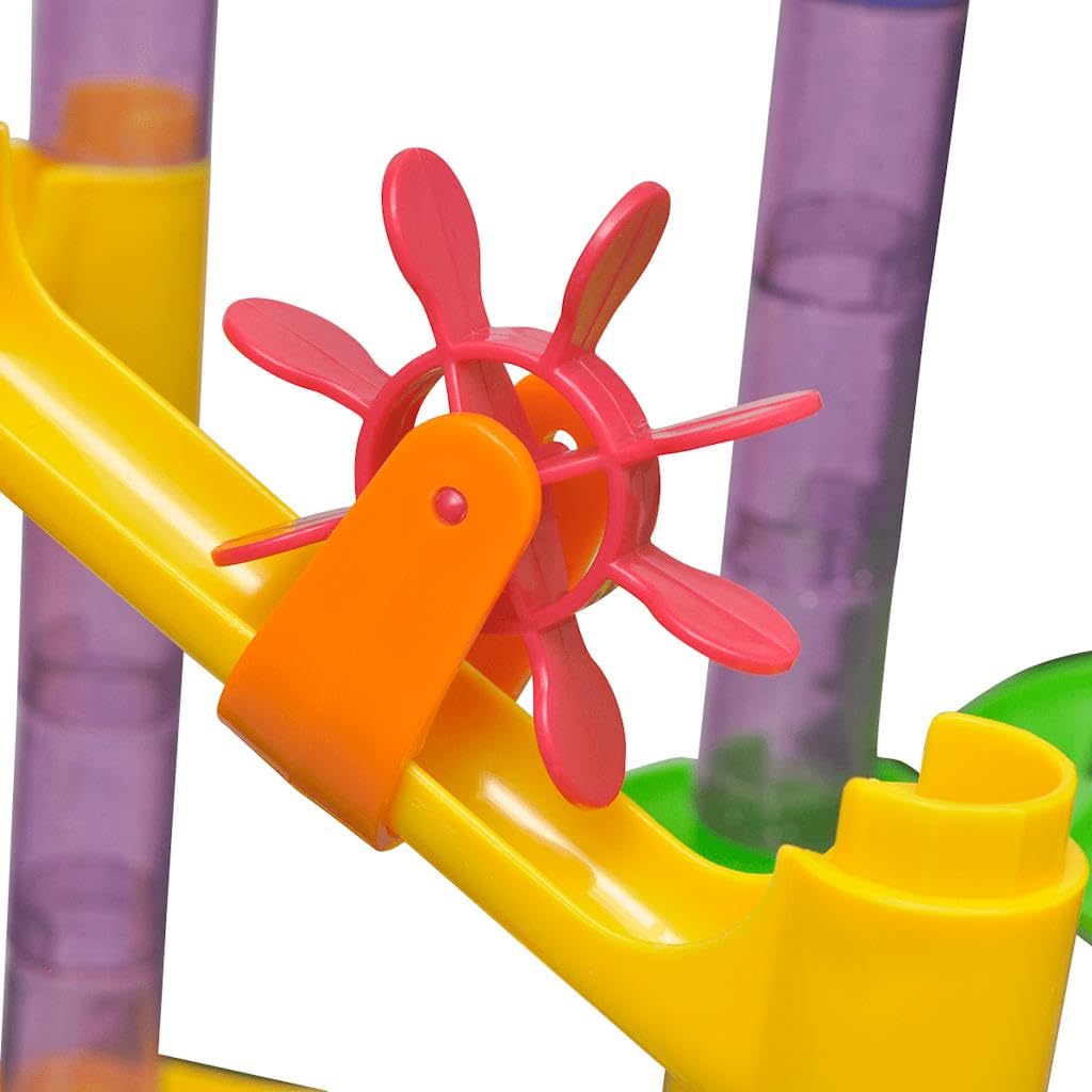 Murmelbahn Kugelbahn Kinderspielzeug aus Kunststoff, 112 Teile Bausatz mit Stecksysteem, Schiene, Rampe, Kurve, Trichter, Turm, Brücke, für Kinder ab 3 Jahren, 42 x 30 x 61 cm