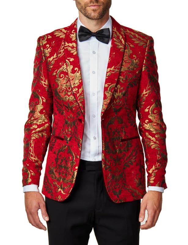 Xposed Stampa Paisley Broccato da Uomo su Giacca Jacquard Rosso Cremisi Blazer da Festa su Misura