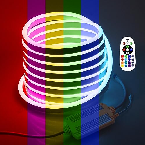 Image of RGB Neon Light Strip 16.4FT /5M Multicolor Neon Rope Lights Indoor Outdoor Led Strip Lights Waterproof 80LEDs /M AC 110V~130V Color Changing Ne on LED Lights for Bedroom Home Commercial Lighting