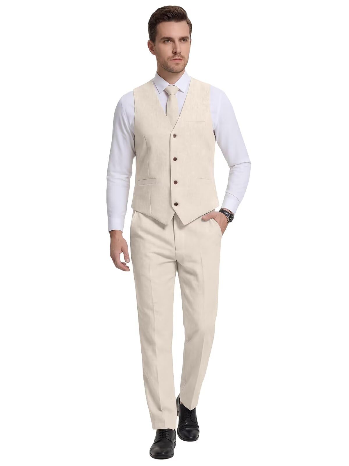 Bofan Casual Linen Beige Men's 2 Piece Suits Wedding Suits Slim Fit Groomsmen Tuxedos Prom Waistcoat Summer Linen Vest+Pant, Beige, 3XL