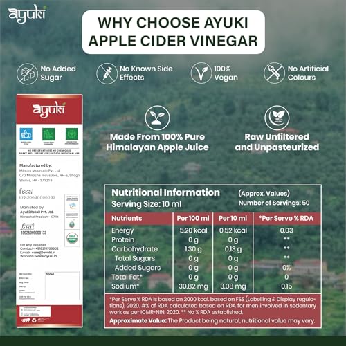 Image of AYUKI Apple Cider Vinegar Raw, Unfiltered ACV with Mother of Vinegar - Himalayan Apple Cider Vinegar for Detox, Digestion & Metabolism Boost - 500 ml