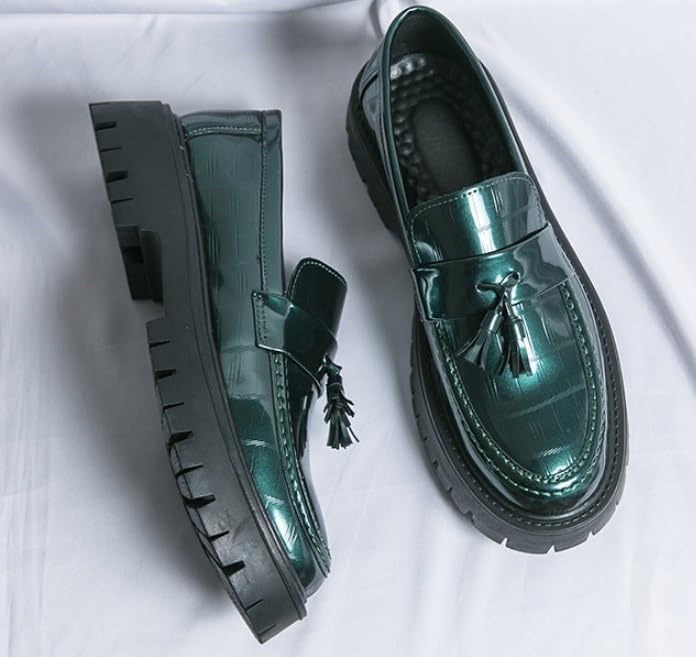 Men's Fashion Patent Leather Loafers Tassel Lug Sole Slip-on Casual Shoes Platform Round Toe Outdoor Low Top Non-Slip Business Dress Shoes2