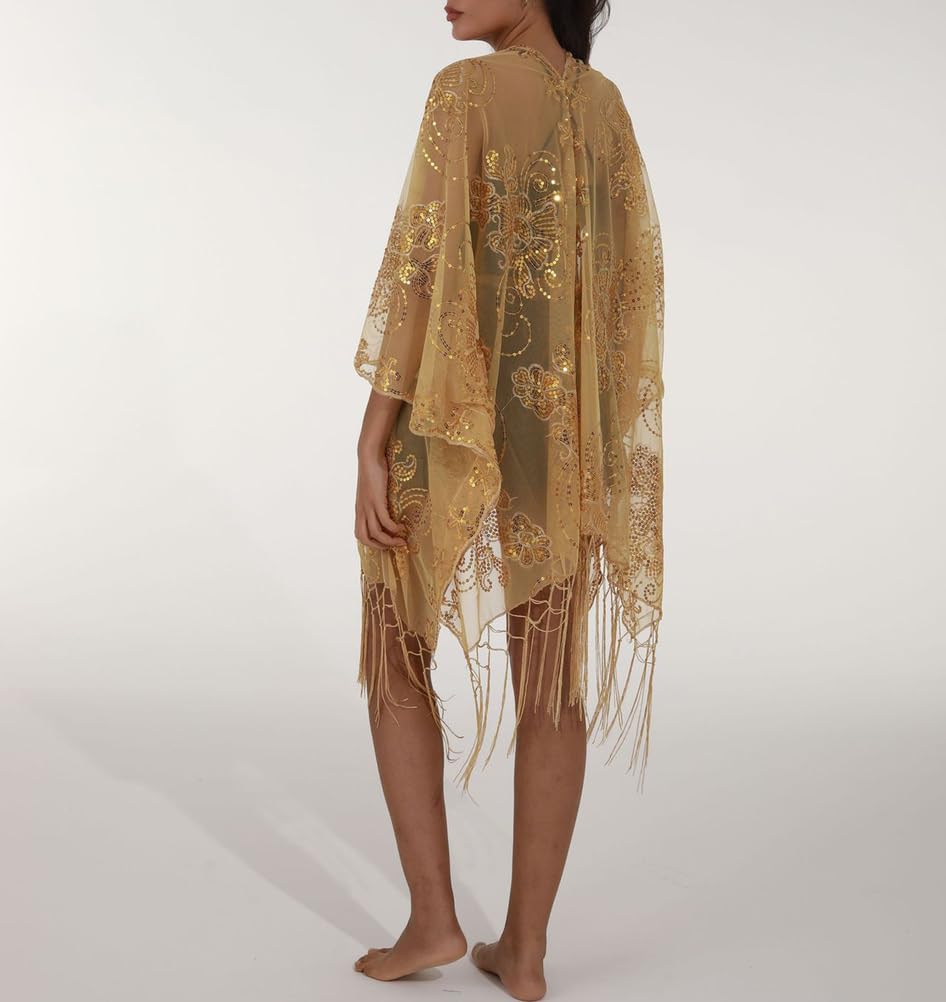 Copricostume da Spiaggia con Protezione Solare Estiva Da Donna, Kimono Paillettes Scintillanti Cardigan Scialli Solari con Nappa