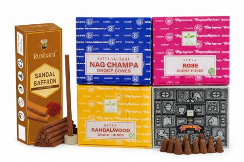 Satya Mixed Dhoop Cones Set 4 Packs x 12 Cones (48 Total) Nag Champa Rose Sandalwood & Superhit with Stand & Rushant Sandal Saffron Dhoop Sticks (10) Incense for Meditation Yoga & Pooja