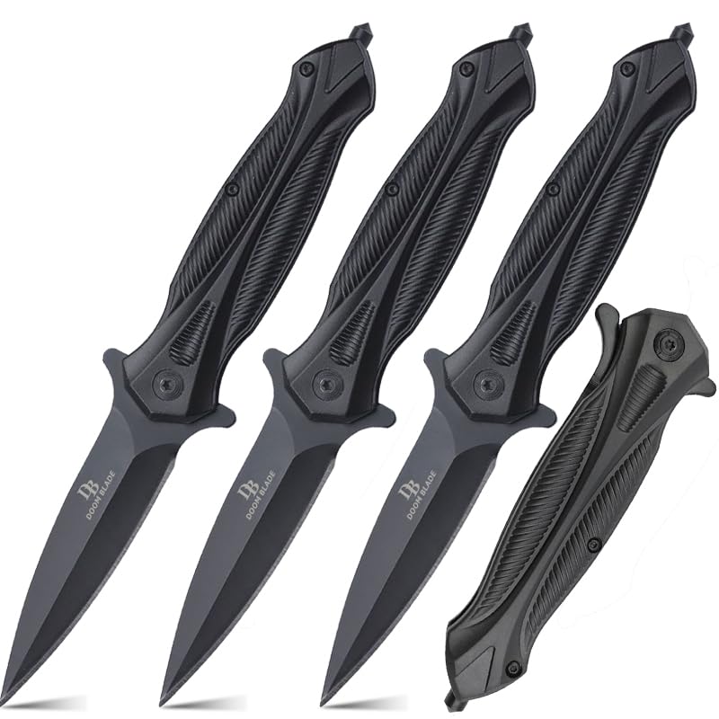 DOOM BLADE 3-piece EDC Spring Assist Folding Pocket knife Set,Glass Breaker, Cool Knives for Outdoor Camping - Military Style - Tactical Knife with Liner Lock(Knife * 3)