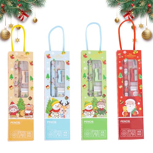 InteDesign Juego de 4 artículos de papelería de Navidad, incluye 2 lápices, reglas, borrador, sacapuntas, artículos de papelería con motivos navideños, regalos de oficina