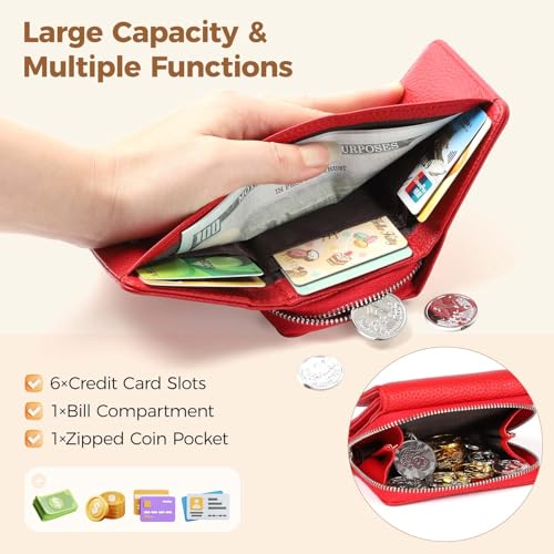 Geldbörse Damen Klein Leder Kleines Portemonnaie Damen Mini Geldbeutel mit Zipper Münzfach Kartenfächer, Rot – Bild 3
