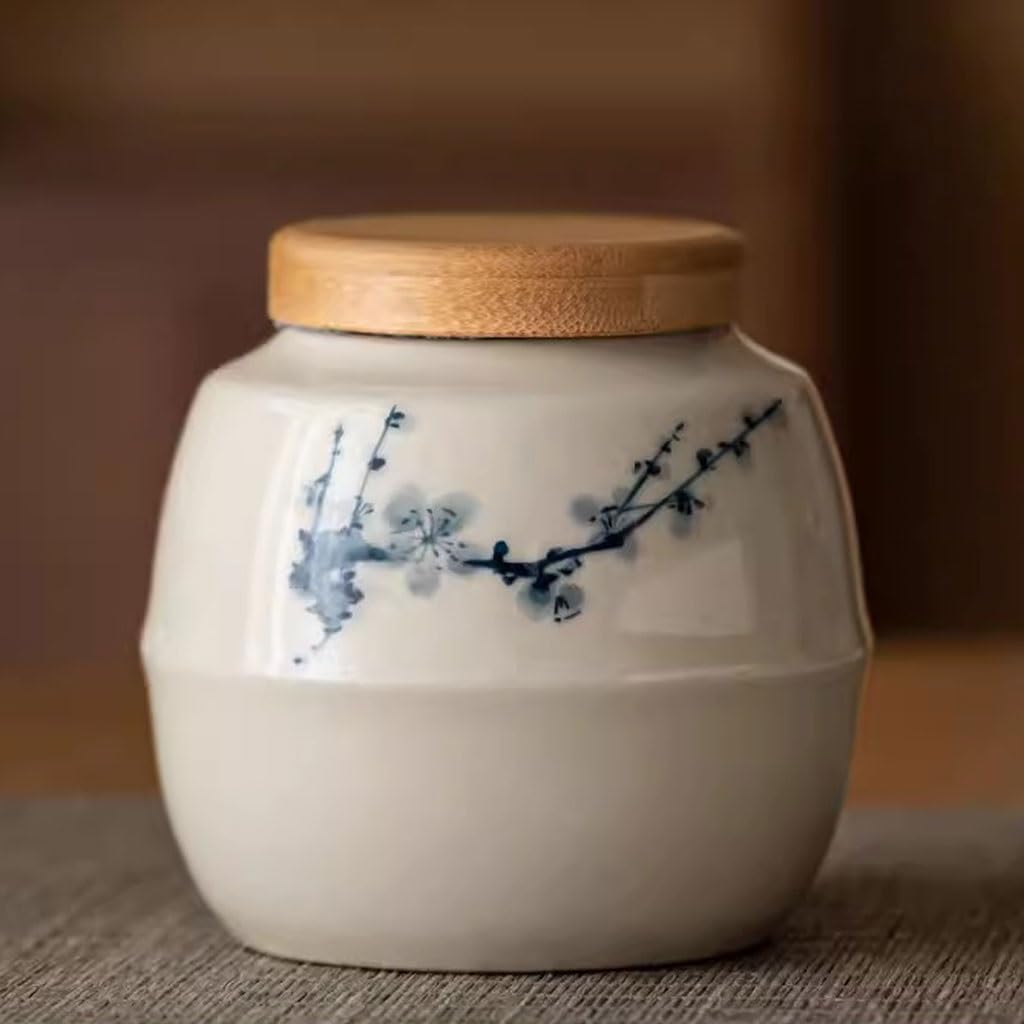 Caja de té pequeña olla de té azul y blanco pintada a mano con esmalte de almacenamiento estilo chino caja de té(A)