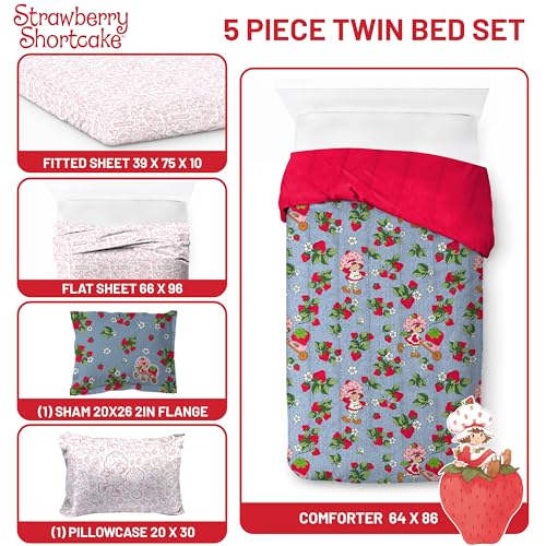 Image of Strawberry Shortcake Twin Comforter Set 5 Piece Kids Bedding, Blue