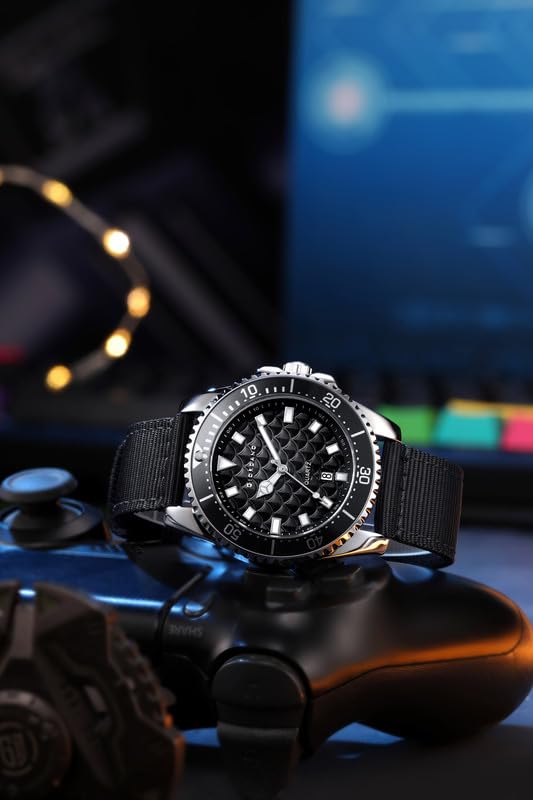 Image of Giordano Analog Quartz Watch for Men with Black Textured Fish Scale Dial, Luminous Hands & Markers, Date Window, Nylon NATO Strap, Rotating Bezel