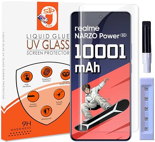 Image of STP FEEL Premium UV Tempered Glass Screen Protector Guard Compatible For Realme Narzo Power 5G (6.8 Inch, Pack of 1) Full Adhesive UV Curved Case Friendly HD Clarity with easy installation kit