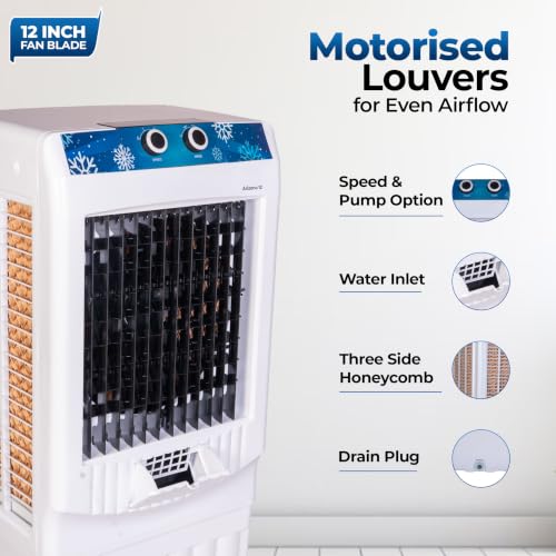 Image of Arizona 12 Personal Air Cooler | 60L Water Tank | 12-Inch High-Speed Fan | Air Throw up to 8 Feet | 2000 m /hr Air Delivery | 3-Side Honeycomb Pads | Motorised Louvers | 120W | White
